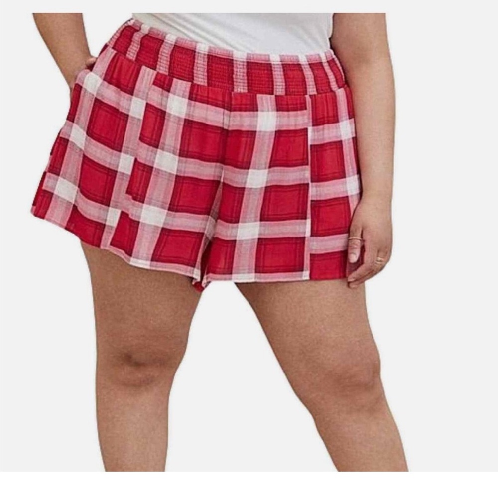 Torrid Plaid High Rise Smocked Waist Gauze Shorts-Red Pink